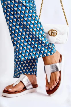 Damskie Klapki Japonki Na Platformie Biało-Srebrne Morissa