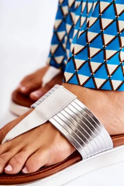 Damskie Klapki Japonki Na Platformie Biało-Srebrne Morissa