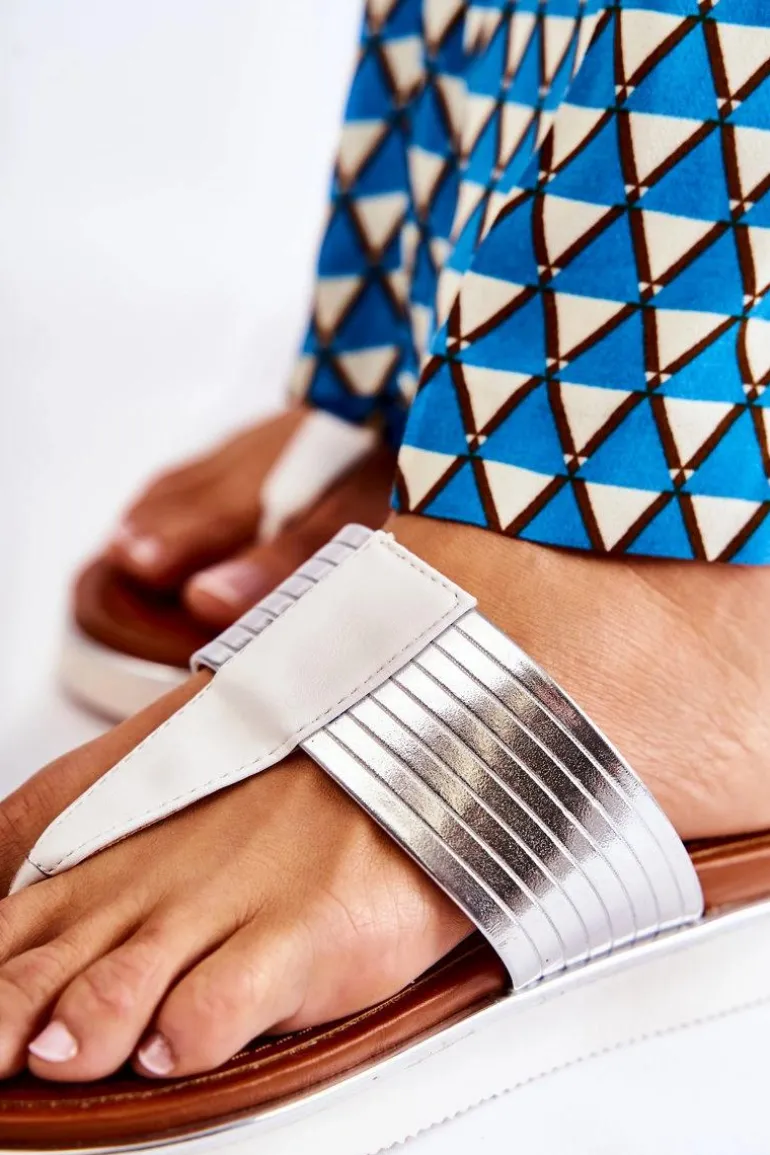 Damskie Klapki Japonki Na Platformie Biało-Srebrne Morissa