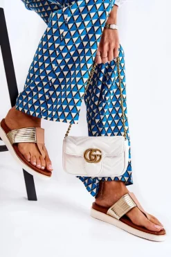 Damskie Klapki Japonki Na Platformie Beżowo-Złote Morissa