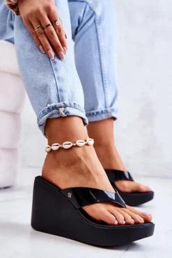 Damskie Klapki Japonki Na Koturnie ZAXY HH285292 Czarne