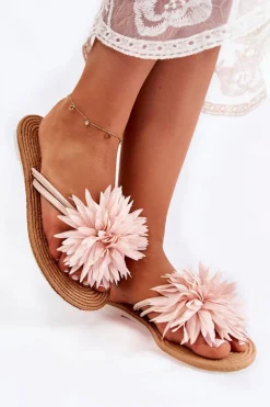 Damskie Klapki Japonki Z Materiałową Ozdobą Jasnoróżowe Eviana