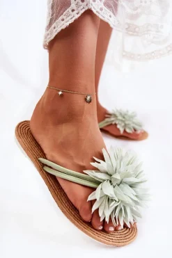 Damskie Klapki Japonki Z Materiałową Ozdobą Zielone Eviana