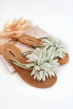 Damskie Klapki Japonki Z Materiałową Ozdobą Zielone Eviana