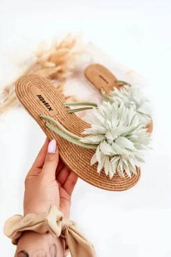 Damskie Klapki Japonki Z Materiałową Ozdobą Zielone Eviana