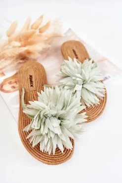 Damskie Klapki Japonki Z Materiałową Ozdobą Zielone Eviana