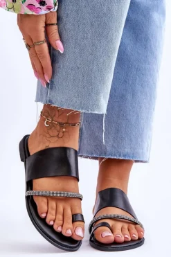 Damskie Klapki Japonki Z Ozdobnym Paskiem Czarne Sublime