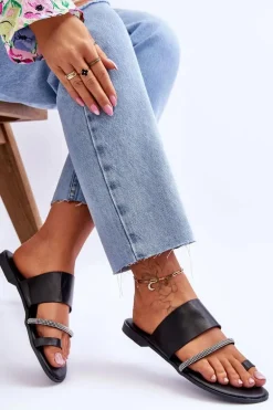 Damskie Klapki Japonki Z Ozdobnym Paskiem Czarne Sublime