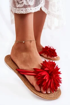 Damskie Klapki Japonki Z Materiałową Ozdobą Czerwone Eviana