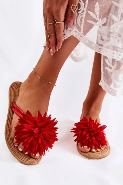 Damskie Klapki Japonki Z Materiałową Ozdobą Czerwone Eviana