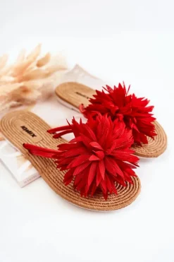 Damskie Klapki Japonki Z Materiałową Ozdobą Czerwone Eviana