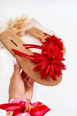 Damskie Klapki Japonki Z Materiałową Ozdobą Czerwone Eviana