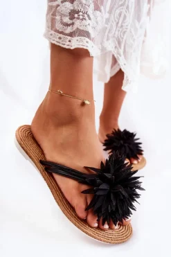 Damskie Klapki Japonki Z Materiałową Ozdobą Czarne Eviana