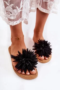 Damskie Klapki Japonki Z Materiałową Ozdobą Czarne Eviana