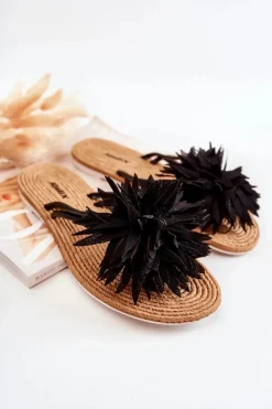 Damskie Klapki Japonki Z Materiałową Ozdobą Czarne Eviana