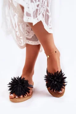 Damskie Klapki Japonki Z Materiałową Ozdobą Czarne Eviana