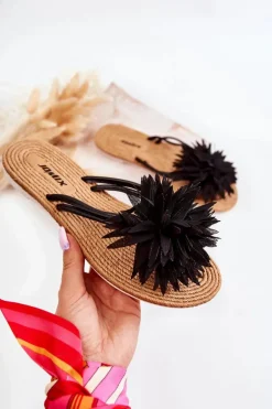 Damskie Klapki Japonki Z Materiałową Ozdobą Czarne Eviana