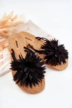 Damskie Klapki Japonki Z Materiałową Ozdobą Czarne Eviana