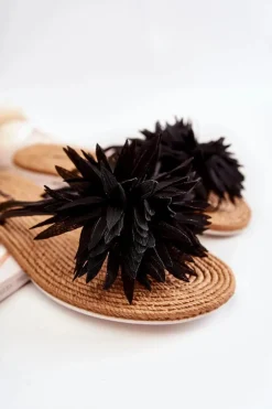 Damskie Klapki Japonki Z Materiałową Ozdobą Czarne Eviana