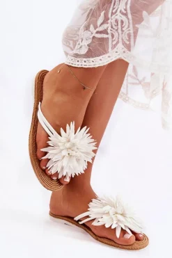 Damskie Klapki Japonki Z Materiałową Ozdobą Białe Eviana