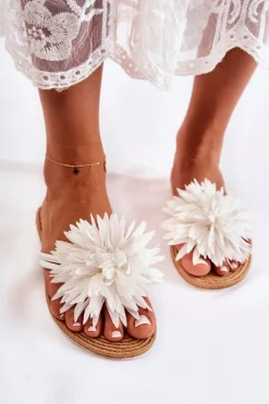 Damskie Klapki Japonki Z Materiałową Ozdobą Białe Eviana