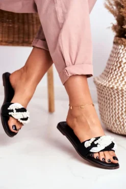 Damskie Klapki Lu Boo Czarne Perełki Plecionki Flora