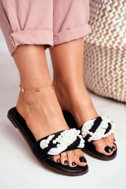 Damskie Klapki Lu Boo Czarne Perełki Plecionki Flora