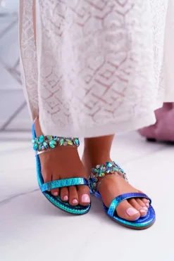 Damskie Klapki Lu Boo Eleganckie Z Cyrkoniami Niebieskie Elementary