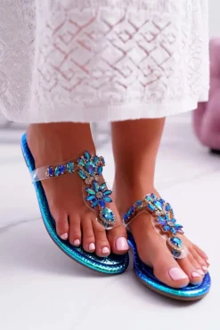 Damskie Klapki Lu Boo Japonki Kryształy Niebieskie Conathe