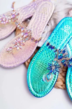 Damskie Klapki Lu Boo Japonki Kryształy Niebieskie Conathe