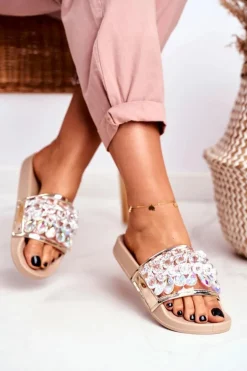 Damskie Klapki Lu Boo Kryształki Beżowe Bobbi