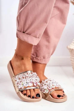 Damskie Klapki Lu Boo Kryształki Beżowe Bobbi