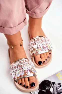 Damskie Klapki Lu Boo Kryształki Beżowe Bobbi