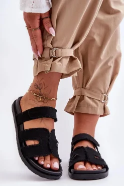 Damskie Klapki Materiałowe Na Rzep Czarne Lamirose