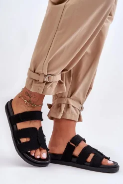 Damskie Klapki Materiałowe Na Rzep Czarne Lamirose