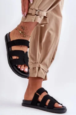 Damskie Klapki Materiałowe Na Rzep Czarne Lamirose