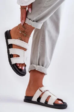 Damskie Klapki Materiałowe Na Rzep Białe Lamirose