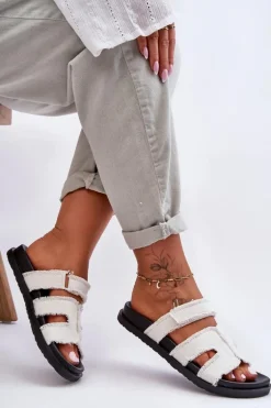 Damskie Klapki Materiałowe Na Rzep Białe Lamirose