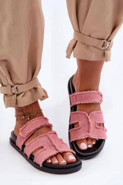 Damskie Klapki Materiałowe Na Rzep Różowe Lamirose