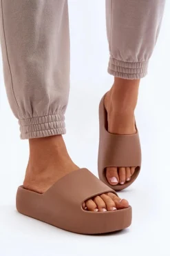 Damskie Klapki Na Grubej Podeszwie Brązowe Oreithano