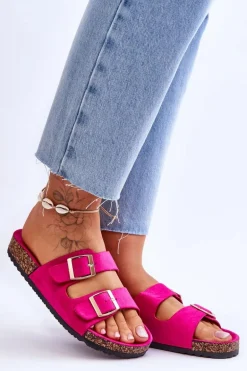 Damskie Klapki Na Korkowej Platformie Z Paskami Fuksja Doretta