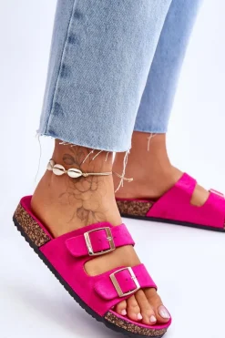 Damskie Klapki Na Korkowej Platformie Z Paskami Fuksja Doretta