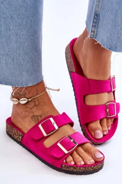 Damskie Klapki Na Korkowej Platformie Z Paskami Fuksja Doretta