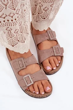 Damskie Klapki Na Korkowej Platformie Z Klamrami Ciemnobeżowe Aviora