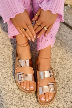 Damskie Klapki Na Korkowej Platformie Z Klamrami Różowe Złoto Klinesta