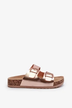 Damskie Klapki Na Korkowej Platformie Z Klamrami Różowe Złoto Klinesta