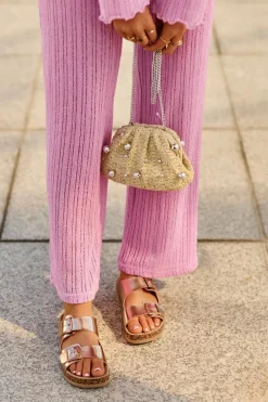 Damskie Klapki Na Korkowej Platformie Z Klamrami Różowe Złoto Klinesta