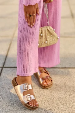 Damskie Klapki Na Korkowej Platformie Z Klamrami Różowe Złoto Klinesta