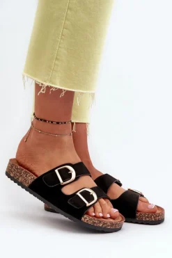 Damskie Klapki Na Korkowej Platformie Z Paskami Czarne Doretta