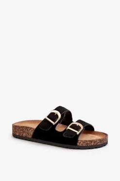 Damskie Klapki Na Korkowej Platformie Z Paskami Czarne Doretta